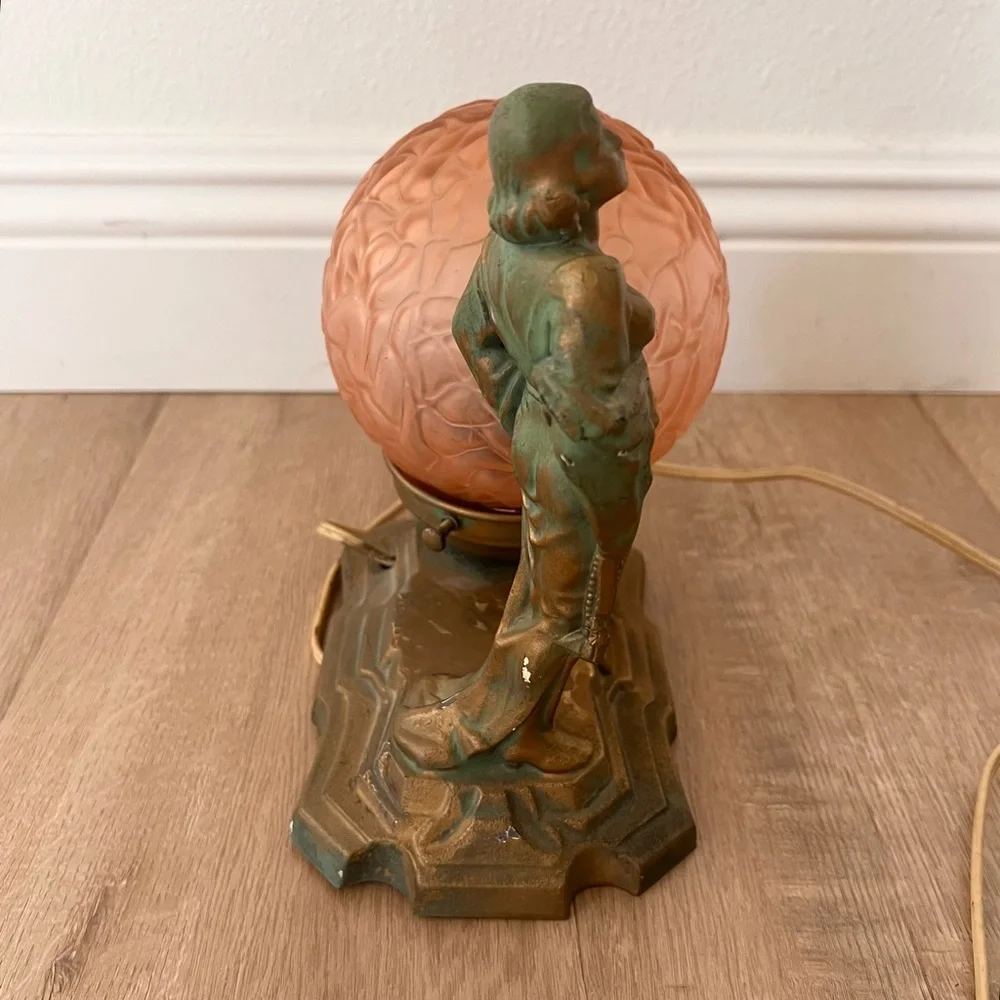 Antique C1920 Art Deco Brass Table Lamp, Women & Textured Pink Glass Globe Shade